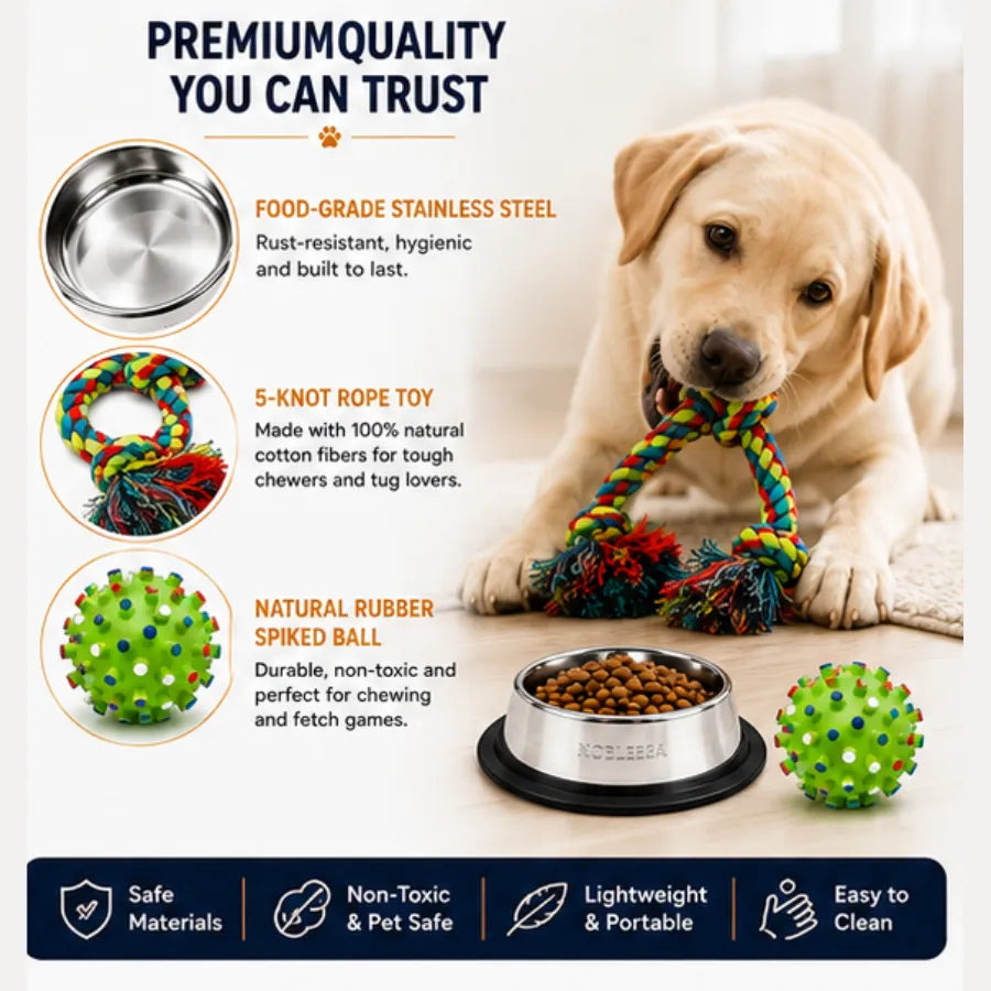 PetVastuHub Durable Dine & Play Pack - 700ml Steel Bowl & 5-Knot Rope Toy