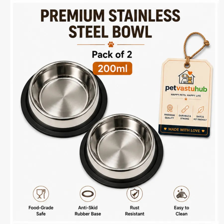 PetVastuHub Heavy-Duty Large Stainless Steel Dog Bowl Combo | 200 ml (Pack of 2) | Value Meal Set