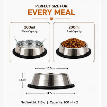PetVastuHub Heavy-Duty Large Stainless Steel Dog Bowl Combo | 200 ml (Pack of 2) | Value Meal Set