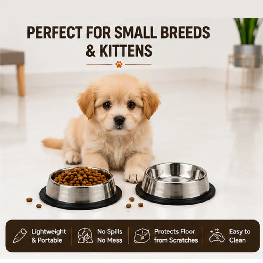 PetVastuHub Heavy-Duty Large Stainless Steel Dog Bowl Combo | 200 ml (Pack of 2) | Value Meal Set