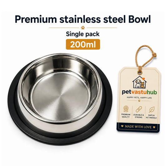 PetVastuHub Premium Stainless Steel Anti-Skid Pet Bowl | 200 ml (Single Pack) | Small Dogs & Cats