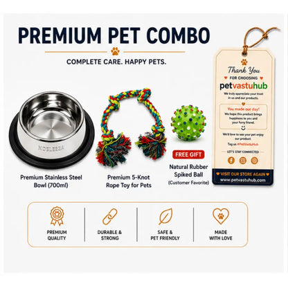 PetVastuHub Durable Dine & Play Pack - 700ml Steel Bowl & 5-Knot Rope Toy