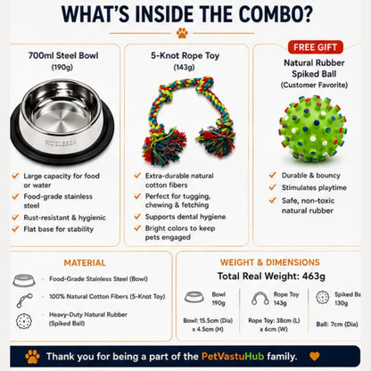 PetVastuHub Durable Dine & Play Pack - 700ml Steel Bowl & 5-Knot Rope Toy