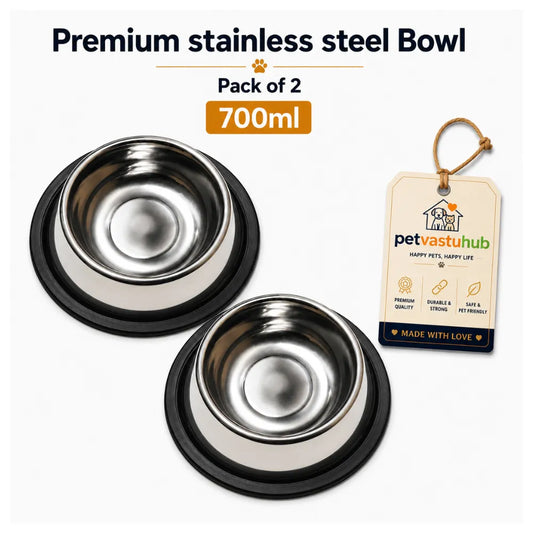 PetVastuHub Heavy-Duty Large Stainless Steel Dog Bowl Combo | 700 ml (Pack of 2) | Value Meal Set