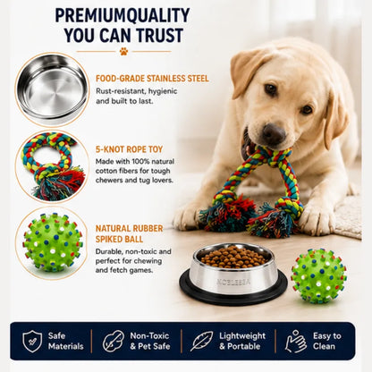 PetVastuHub Durable Dine & Play Pack - 700ml Steel Bowl & 5-Knot Rope Toy