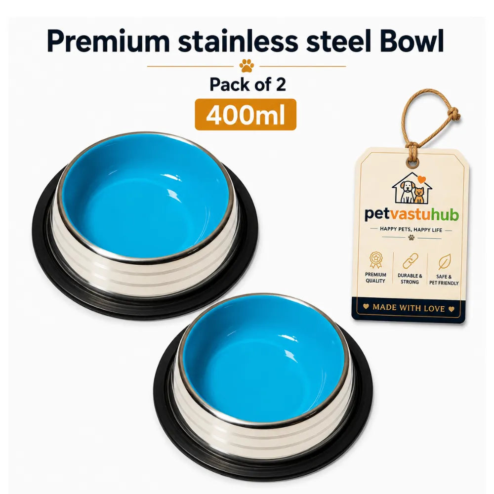 PetVastuHub Heavy-Duty Large Stainless Steel Dog Bowl Combo | 400 ml (Pack of 2) | Value Meal Set