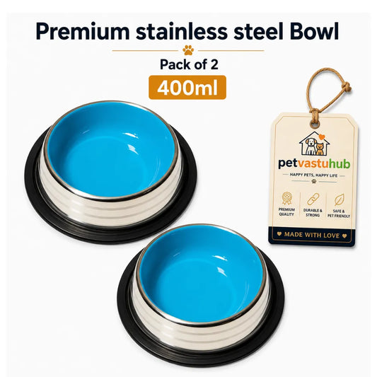 PetVastuHub Heavy-Duty Large Stainless Steel Dog Bowl Combo | 400 ml (Pack of 2) | Value Meal Set