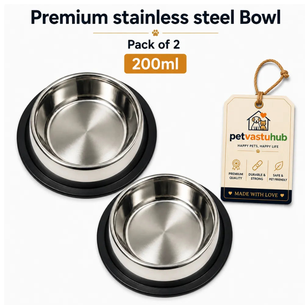 PetVastuHub Heavy-Duty Large Stainless Steel Dog Bowl Combo | 200 ml (Pack of 2) | Value Meal Set