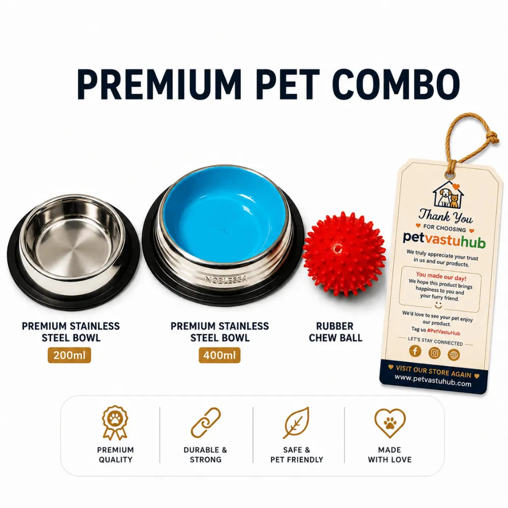 PetVastuHub Multi-Pet Essential Bundle - 400ml & 200ml Steel Bowls with Spiked Ball Toy