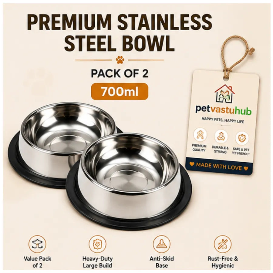 PetVastuHub Heavy-Duty Large Stainless Steel Dog Bowl Combo | 700 ml (Pack of 2) | Value Meal Set