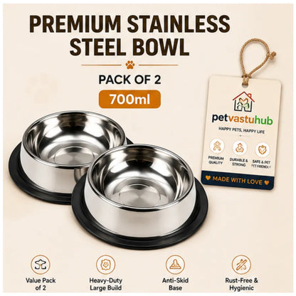PetVastuHub Heavy-Duty Large Stainless Steel Dog Bowl Combo | 700 ml (Pack of 2) | Value Meal Set
