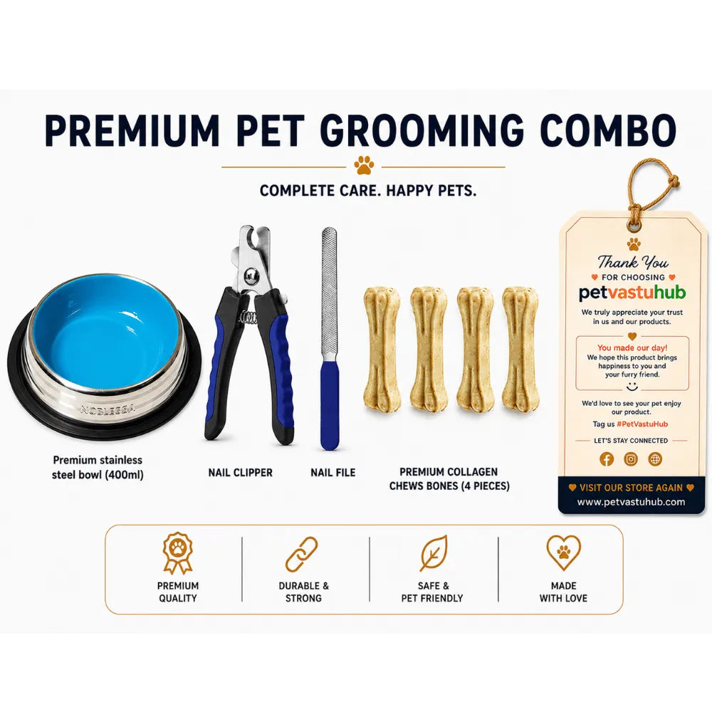 PetVastuHub The Complete Puppy Kit - Nail Clipper, 400ml Steel Bowl & Collagen Bones