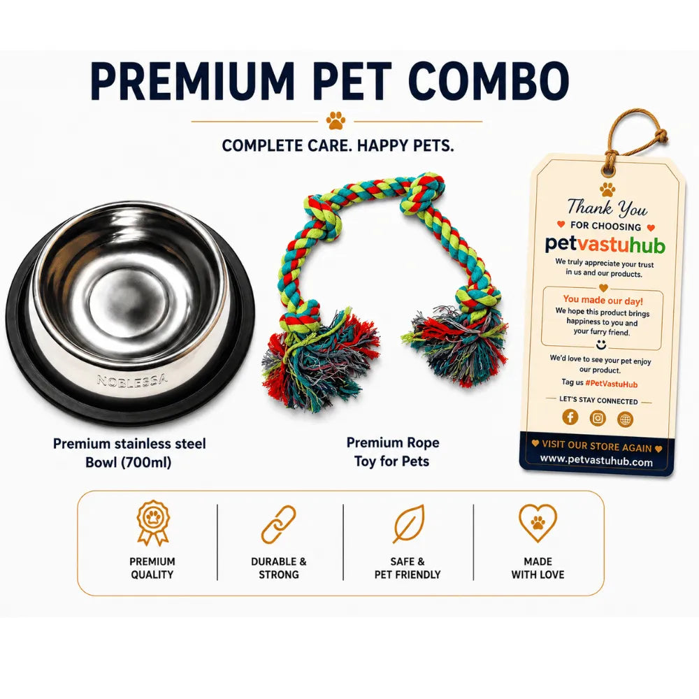 PetVastuHub Durable Dine & Play Pack - 700ml Steel Bowl & 5-Knot Rope Toy