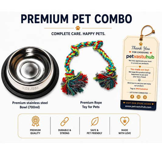 PetVastuHub Durable Dine & Play Pack - 700ml Steel Bowl & 5-Knot Rope Toy