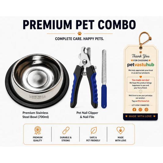 PetVastuHub Durable Dine & Groom Kit - 700ml Heavy-Duty Steel Bowl & Professional Nail Clipper Set