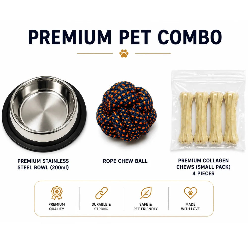 PetVastuHub The Play & Treat Starter Pack - 200ml Steel Bowl, Collagen Bones & Rope Ball Toy