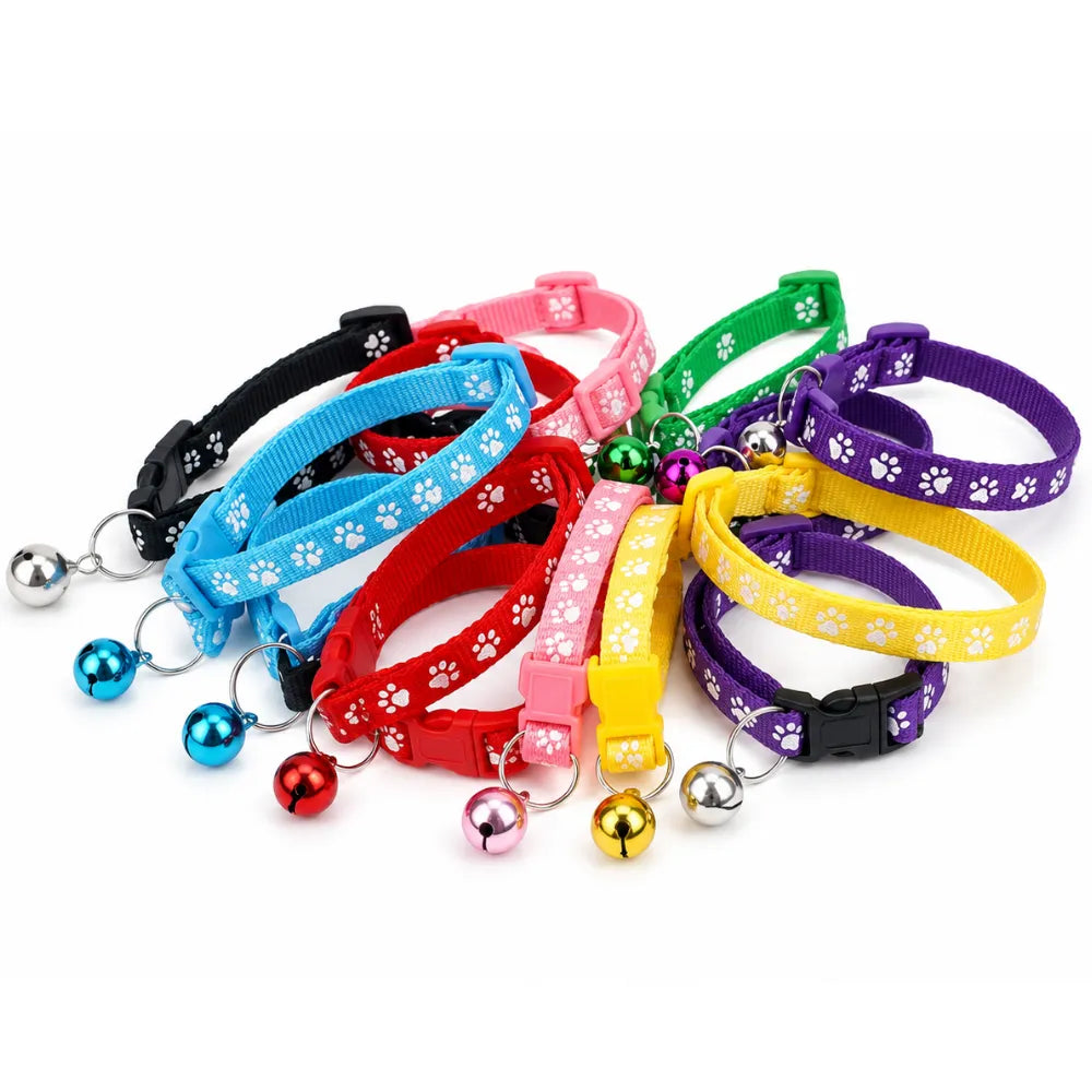 Nylon Adjustable Cat & Kitten Collar with Safety Bell (Paw Print Design)