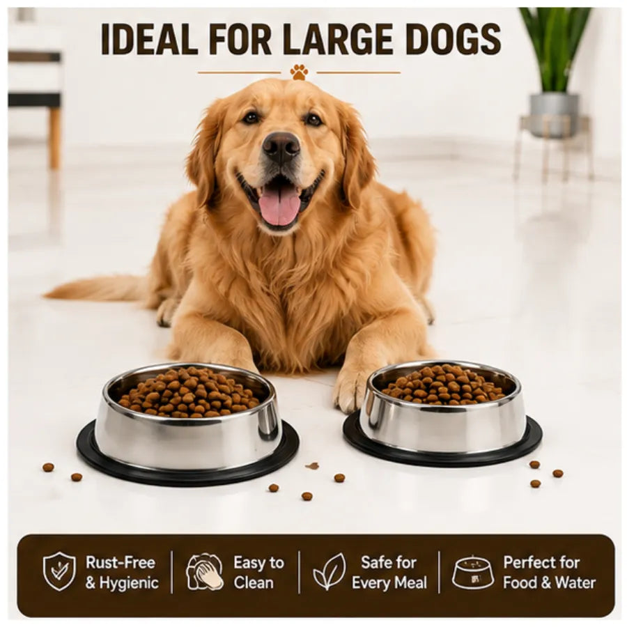 PetVastuHub Heavy-Duty Large Stainless Steel Dog Bowl Combo | 700 ml (Pack of 2) | Value Meal Set