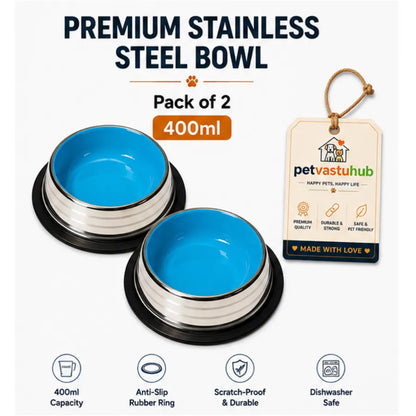 PetVastuHub Heavy-Duty Large Stainless Steel Dog Bowl Combo | 400 ml (Pack of 2) | Value Meal Set
