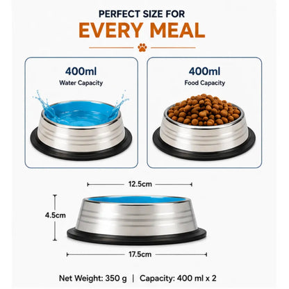PetVastuHub Heavy-Duty Large Stainless Steel Dog Bowl Combo | 400 ml (Pack of 2) | Value Meal Set