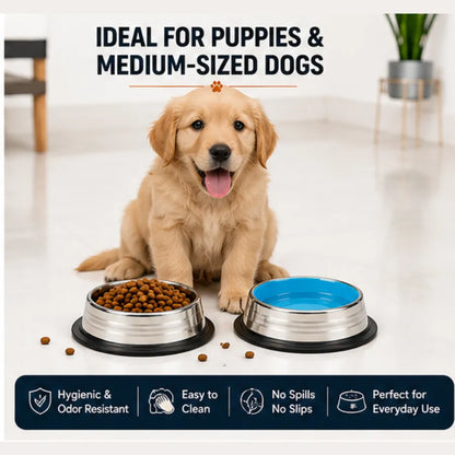 PetVastuHub Heavy-Duty Large Stainless Steel Dog Bowl Combo | 400 ml (Pack of 2) | Value Meal Set