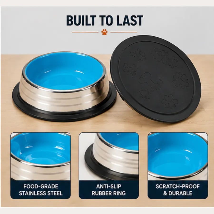 PetVastuHub Heavy-Duty Large Stainless Steel Dog Bowl Combo | 400 ml (Pack of 2) | Value Meal Set